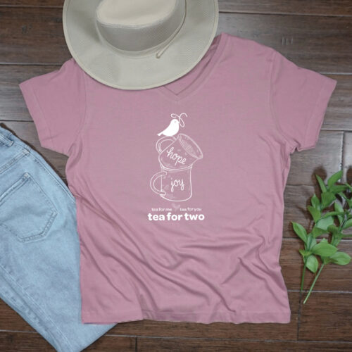 Bluebird Refuge Tea for Two mauve vneck tshirt