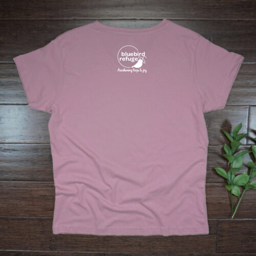 Bluebird Refuge Tea for Two mauve vneck tshirt back