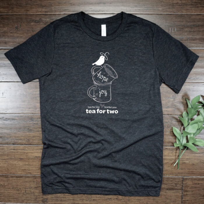 Bluebird Refuge Tea for Two charcoal black vneck tshirt